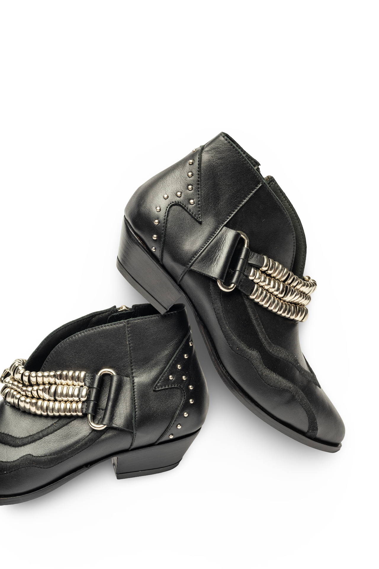 Black leather boots with gold embellishments 