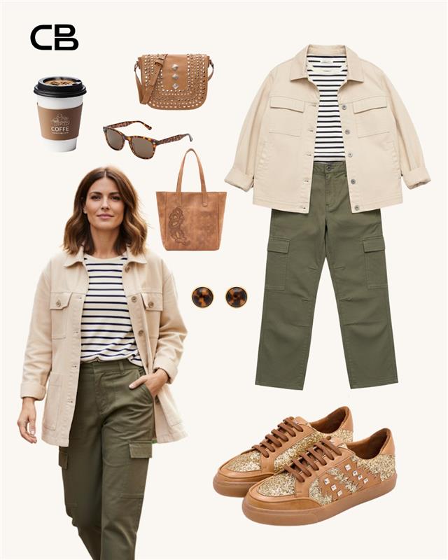 Woman wearing a beige jacket and green pants with fashion items displayed around her.
