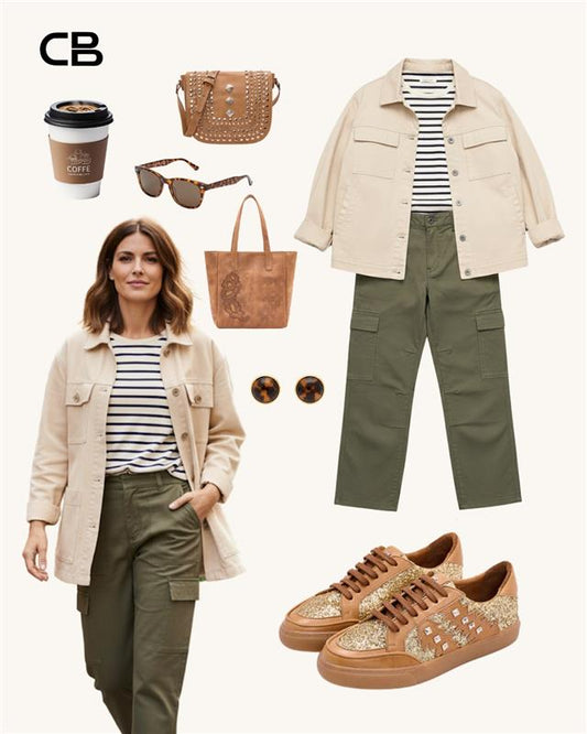 Woman wearing a beige jacket and green pants with fashion items displayed around her.